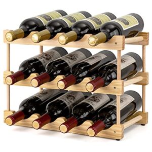 wine rack freestanding storage 12 bottle capacity, 3 tiers modular small wine racks countertop, farmhouse wood wine holder stands for pantry table top organizer (natural, 12 bottles)