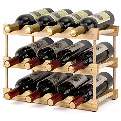 Wine Rack Freestanding Storage 12 Bottle Capacity, 3 Tiers Modular Small Wine Racks Countertop, Farmhouse Wood Wine Holder Stands for Pantry Table Top Organizer (Natural, 12 Bottles)