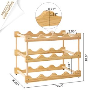 Wine Rack Freestanding Storage 12 Bottle Capacity, 3 Tiers Modular Small Wine Racks Countertop, Farmhouse Wood Wine Holder Stands for Pantry Table Top Organizer (Natural, 12 Bottles)