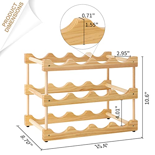 Wine Rack Freestanding Storage 12 Bottle Capacity, 3 Tiers Modular Small Wine Racks Countertop, Farmhouse Wood Wine Holder Stands for Pantry Table Top Organizer (Natural, 12 Bottles)