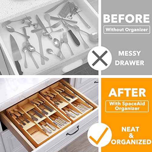 SpaceAid Bamboo Silverware Drawer Organizer with Labels, Kitchen Utensil Tray Holder Organizer for Flatware, Cutlery, Spoon and Knives Drawer Storage Organization (Natural, 9 Slots)