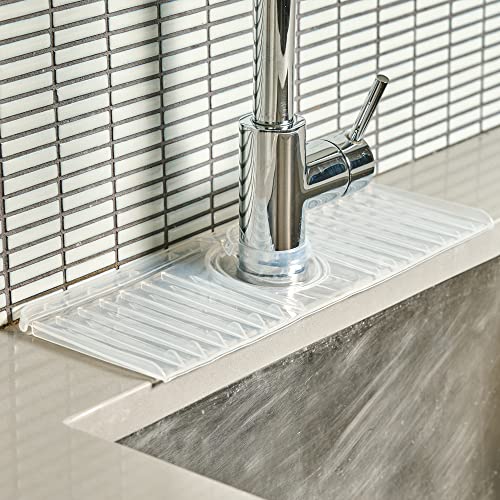 Kitchen Sink Splash Guard - Silicone Faucet Handle Drip Catcher Tray with Water Repellent Finish, 3 in 1 - Soap Dish, Sponge Holder & Drying Mat, Clear