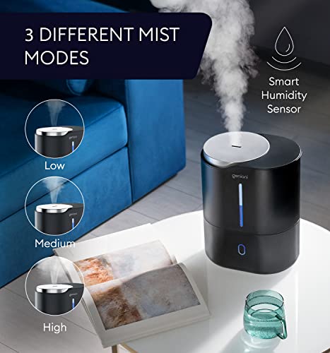 Top Fill Humidifier with Essential Oil Diffuser 4L for Home, Baby, Bedroom, Large Room & Indoor Plants, Cool Mist Ultrasonic Quiet Air Humidifiers, Automatic Humidity Control, Night Light (Black)