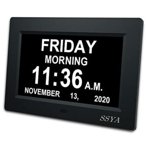 [newest version] 7 inch day clock – 12 alarm options, level 5 auto dimmable display,extra large impaired vision digital clock with non-abbreviated day & month alarm clock (7 inch)