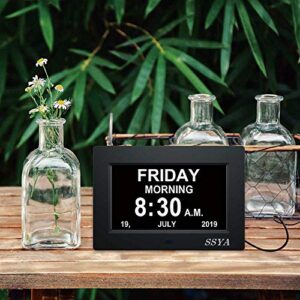 [Newest Version] 7 Inch Day Clock - 12 Alarm Options, Level 5 Auto Dimmable Display,Extra Large Impaired Vision Digital Clock with Non-Abbreviated Day & Month Alarm Clock (7 inch)