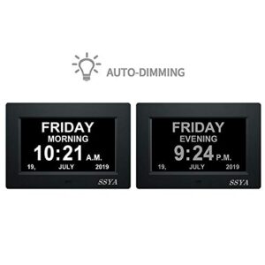 [Newest Version] 7 Inch Day Clock - 12 Alarm Options, Level 5 Auto Dimmable Display,Extra Large Impaired Vision Digital Clock with Non-Abbreviated Day & Month Alarm Clock (7 inch)