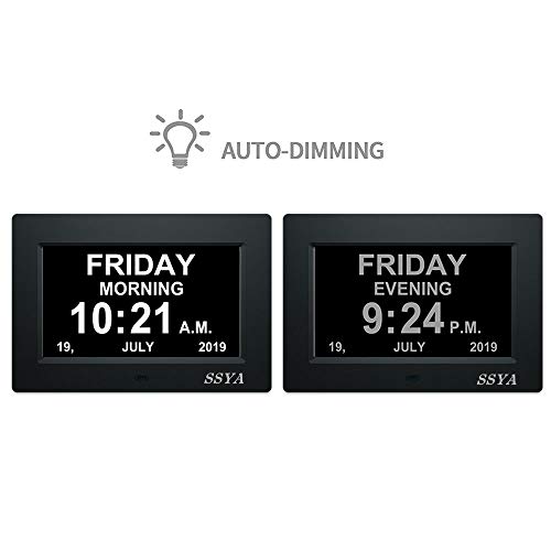 [Newest Version] 7 Inch Day Clock - 12 Alarm Options, Level 5 Auto Dimmable Display,Extra Large Impaired Vision Digital Clock with Non-Abbreviated Day & Month Alarm Clock (7 inch)