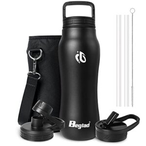 beglad 24 oz water bottle flask jug, vacuum insulated stainless steel water bottle whit 3 lids, double walled metal canteen water jug thermo mug, hot cold water bottles for gym travel sports, black