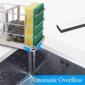Sponge Holder for Kitchen Sink,304 Stainless Steel Kitchen Sink Organizer Sink Tray Drainer Rack Hanging Adjustable Panel Brush Sink Caddy Soap Holder for Countertop Or Wall Stick with Auto Overflow
