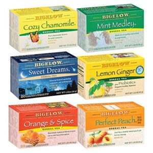 bigelow herbal tea 6 flavor variety pack, caffeine free, (pack of 6) 118 tea bags total