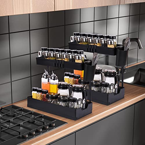 Karlsitek Under Sink Organizers and Storage,2 Pcs Under Sink Organizers,2-Tier L-Shape Bathroom Organizer,Sliding Cabinet Organizer Drawer with 2 Hanging Cups and 8 Hooks for Kitchen Bathroom Office