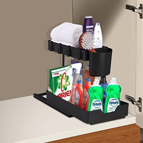 Karlsitek Under Sink Organizers and Storage,2 Pcs Under Sink Organizers,2-Tier L-Shape Bathroom Organizer,Sliding Cabinet Organizer Drawer with 2 Hanging Cups and 8 Hooks for Kitchen Bathroom Office