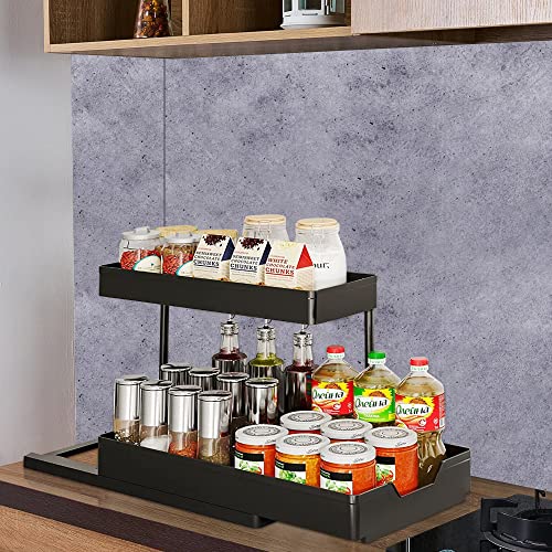 Karlsitek Under Sink Organizers and Storage,2 Pcs Under Sink Organizers,2-Tier L-Shape Bathroom Organizer,Sliding Cabinet Organizer Drawer with 2 Hanging Cups and 8 Hooks for Kitchen Bathroom Office