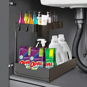 Karlsitek Under Sink Organizers and Storage,2 Pcs Under Sink Organizers,2-Tier L-Shape Bathroom Organizer,Sliding Cabinet Organizer Drawer with 2 Hanging Cups and 8 Hooks for Kitchen Bathroom Office