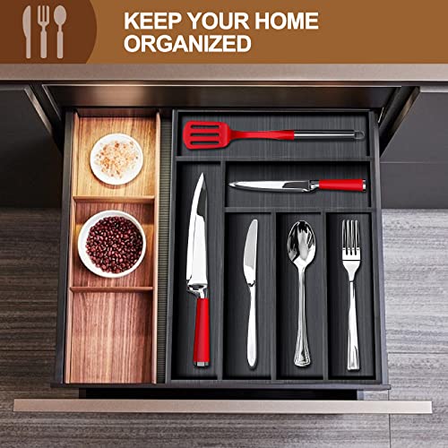 Large Kitchen Utensil Drawer Organizer Wood Silverware Tray Cutlery Bamboo Drawer Organizer 16" x 12.6" Wooden Cutlery Tray Best Flatware Organizer Utensil Tray Black Silverware Drawer Organizer