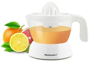 elite gourmet ets-411 bpa-free electric citrus juicer extractor: compact large volume pulp control oranges, lemons, limes, grapefruits with easy pour spout, 16 oz, white