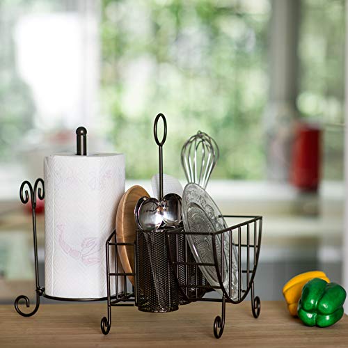 VANRA Metal Rack Flatware Caddy Buffet Caddy Organizer for Silverware, Plates, Utensils, Flatware, Napkins, Cutlery with Paper Towel Holder, Loop Handle