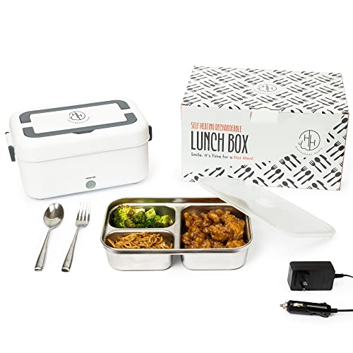 Honeybean Home Self Heating Lunch Box for Work & School – Battery Powered Portable Food Warmer Lunch Box With 35 Minutes of Heating Capability – Our Heated Lunch Box Comes With a Reusable Fork & Spoon