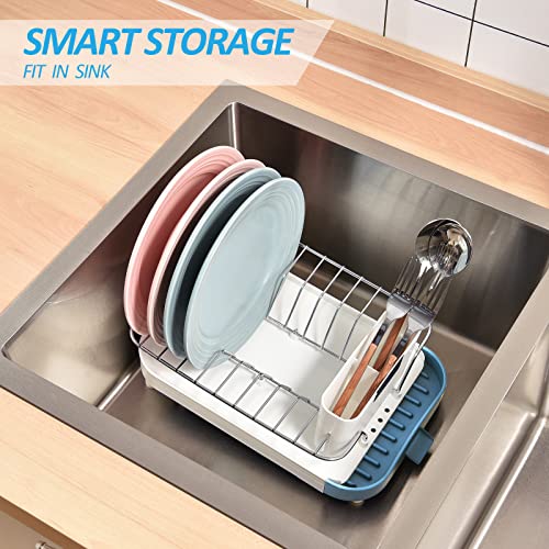 TOOLF Compact Dish Drainer, Small Expandable Dish Rack, Stainless Steel Dish Drying Rack with Removable Cutlery Holder, Anti Rust Plate Rack, Small Sink Drainer for Kitchen Countertop