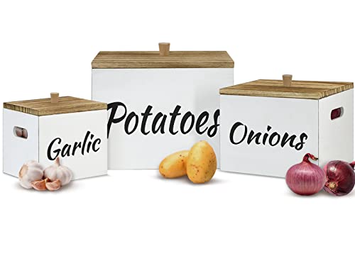 Potato and Onion Storage Bin Set of 3, Farmhouse Kitchen Storage Container Set for Potato Onion Garlic, Wood Potato Storage with Lid, Onion Storage Garlic Keeper, Potato Box, Onion and Potato Storage