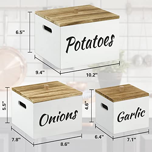 Potato and Onion Storage Bin Set of 3, Farmhouse Kitchen Storage Container Set for Potato Onion Garlic, Wood Potato Storage with Lid, Onion Storage Garlic Keeper, Potato Box, Onion and Potato Storage