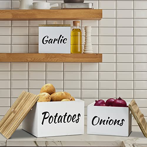 Potato and Onion Storage Bin Set of 3, Farmhouse Kitchen Storage Container Set for Potato Onion Garlic, Wood Potato Storage with Lid, Onion Storage Garlic Keeper, Potato Box, Onion and Potato Storage