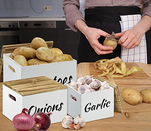 Potato and Onion Storage Bin Set of 3, Farmhouse Kitchen Storage Container Set for Potato Onion Garlic, Wood Potato Storage with Lid, Onion Storage Garlic Keeper, Potato Box, Onion and Potato Storage