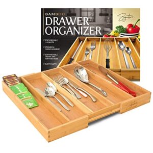signature living bamboo expandable utensil drawer organizer, premium bamboo for cutlery, flatware, silverware – drawer dividers for easy storage