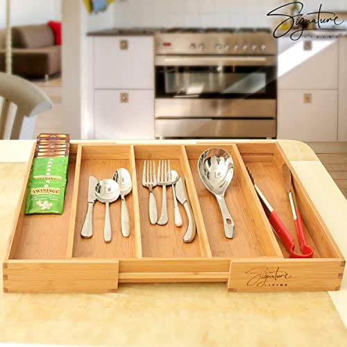 Signature Living Bamboo Expandable Utensil Drawer Organizer, Premium Bamboo for Cutlery, Flatware, Silverware - Drawer Dividers for Easy Storage