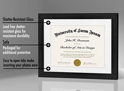 Americanflat 11x14 Black Diploma Frame | Certificate Frame Displays 8.5x11 Diplomas with Mat or 11x14 Inch Without Mat. Shatter-Resistant Glass. Hanging Hardware Included