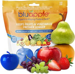 bluapple produce saver 2-pack – keeps fruits & vegetables fresh longer in refrigerator crisper, shelves, and fruit bowls, lasts up to 3 months, ethylene gas absorber, bpa free, made in usa