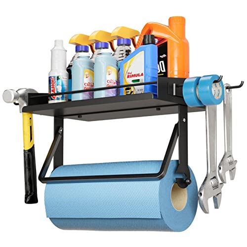 Lorbro Paper Towel Holder with Shelf, Paper Towel Holder Wall Mount One Hand Tear, Garage Organization and Storage with 4 Detachable Hooks, Holds 50 lbs, for Quick Clean Station, Shop, Workbench