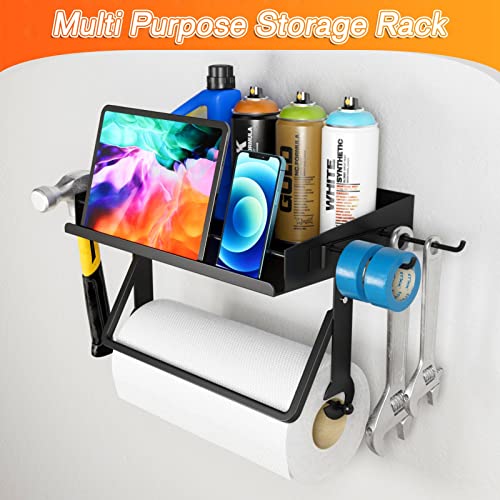 Lorbro Paper Towel Holder with Shelf, Paper Towel Holder Wall Mount One Hand Tear, Garage Organization and Storage with 4 Detachable Hooks, Holds 50 lbs, for Quick Clean Station, Shop, Workbench