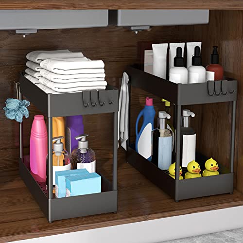 HANAMO 2PCS Under Sink Organizers Bathroom Organizer Under Sink Organizers and Storage 2-Tiers Under Kitchen Sink Organizers Multi-pupose Under Cabinet Organizer Under Sink Shelf with 10 Hooks black