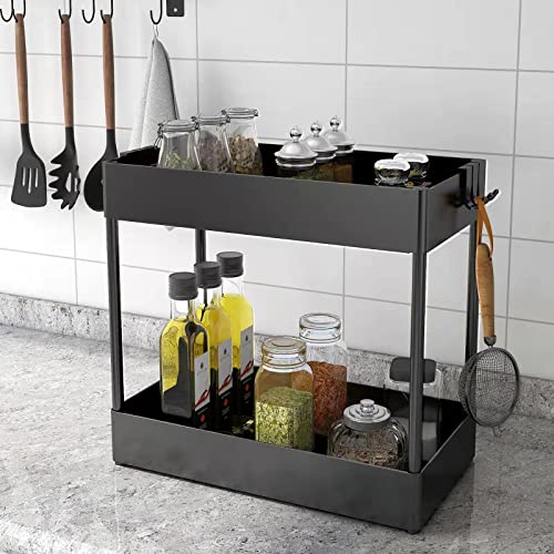 HANAMO 2PCS Under Sink Organizers Bathroom Organizer Under Sink Organizers and Storage 2-Tiers Under Kitchen Sink Organizers Multi-pupose Under Cabinet Organizer Under Sink Shelf with 10 Hooks black