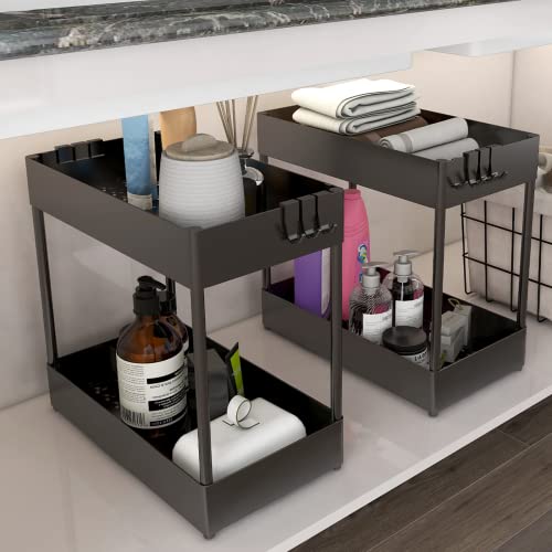 HANAMO 2PCS Under Sink Organizers Bathroom Organizer Under Sink Organizers and Storage 2-Tiers Under Kitchen Sink Organizers Multi-pupose Under Cabinet Organizer Under Sink Shelf with 10 Hooks black