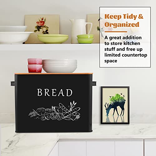 E-far Bread Box for Kitchen Countertop, Metal Bread Storage Container Bin with Bamboo Lid for Cutting Bread, Extra Large & Farmhouse Style, 13” x 7.2” x9.8”, Black