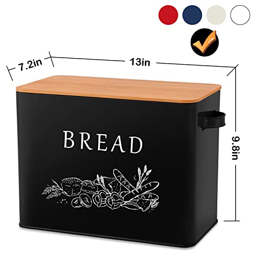 E-far Bread Box for Kitchen Countertop, Metal Bread Storage Container Bin with Bamboo Lid for Cutting Bread, Extra Large & Farmhouse Style, 13” x 7.2” x9.8”, Black