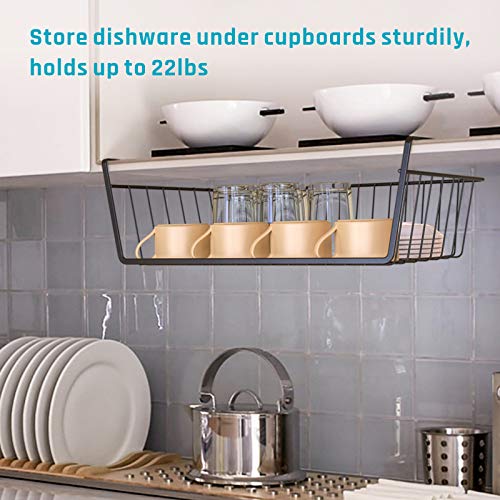 Under Shelf Basket, iSPECLE 6 Pack Hanging Under Shelf Storage Basket Under Cabinet Desk Storage Shelf Organizer Pantry Organization and Storage for Kitchen Pantry Bookshelf, Black