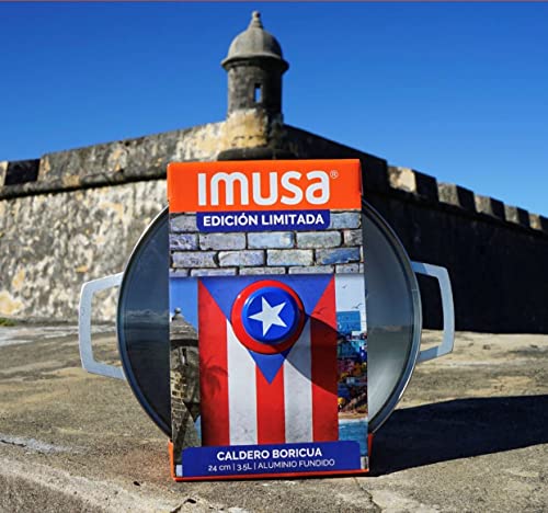 IMUSA USA LIMITED EDITION Puerto Rico"Boricua" themed Caldero 3.7Qt with Glass Lid & Unique Knob,Silver,GAU-80139