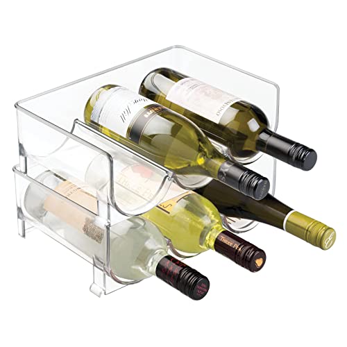 mDesign Stackable Plastic 3 Bottle Refrigerator Wine Rack - Kitchen Storage Organizer Holder for Storing Champagne, Wine, and Water Bottles - Stacking Wine Bottle Organizer for Fridge - 2 Pack - Clear