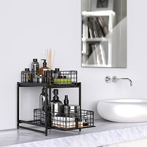 MaraFansie Under Kitchen Cabinet Sink Organizer and Storage with Sliding Drawer, Wider 2 Tier Stackable Basket Rack for Kitchen & Bathroom with Larger Capacity Heavy Duty, Black