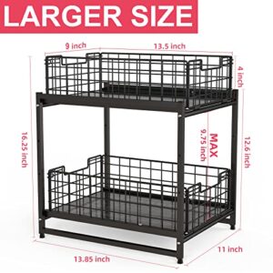 MaraFansie Under Kitchen Cabinet Sink Organizer and Storage with Sliding Drawer, Wider 2 Tier Stackable Basket Rack for Kitchen & Bathroom with Larger Capacity Heavy Duty, Black