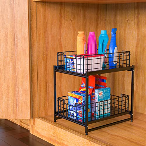 MaraFansie Under Kitchen Cabinet Sink Organizer and Storage with Sliding Drawer, Wider 2 Tier Stackable Basket Rack for Kitchen & Bathroom with Larger Capacity Heavy Duty, Black