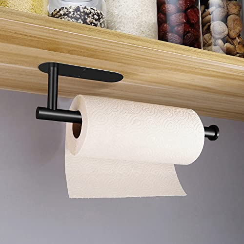 Under Cabinet Paper Towel Holder - Self Adhesive Paper Towel Roll Holder Wall Mount, Matte Black Stainless Steel Towel Paper Holder for Kitchen, Bathroom, Cabinets