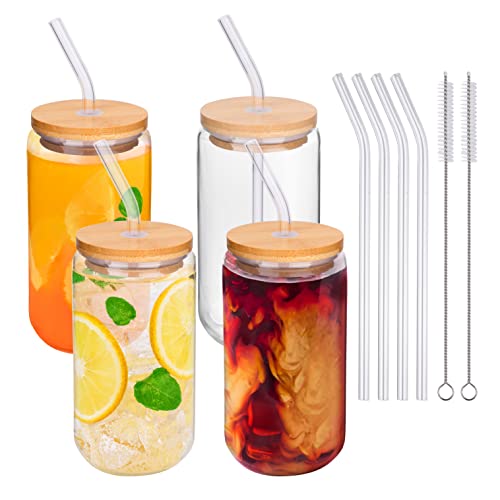 Glass Cups With Lids And Straws - 16oz Drinking Glasses 4pcs Set - Glass Coffee Cups With Lids And Straw – Iced Coffee Cups With Lids And Straws - Beer Can Glass With Lids And Straw - Cute Coffee Cups