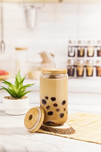 Glass Cups With Lids And Straws - 16oz Drinking Glasses 4pcs Set - Glass Coffee Cups With Lids And Straw – Iced Coffee Cups With Lids And Straws - Beer Can Glass With Lids And Straw - Cute Coffee Cups