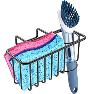jofuyu 2-in-1 sponge holder for kitchen sink + dish brush holder, sink sponge organizer basket rack, sus304 stainless steel – black