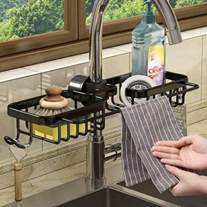 fwehio faucet sponge holder with hook soap dishcloth hanger brush sink caddy drain rack space aluminum soap sponge brush scrubber sink caddy organizer (double, black)