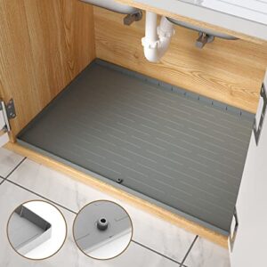 wojiubuxin under sink mat for kitchen waterproof 34″ x 22″ flexible silicone sink protector mat for 36″ cabinet grey kitchen under sink drip tray with unique drain hole,hold up to 3.3 gallons liquid